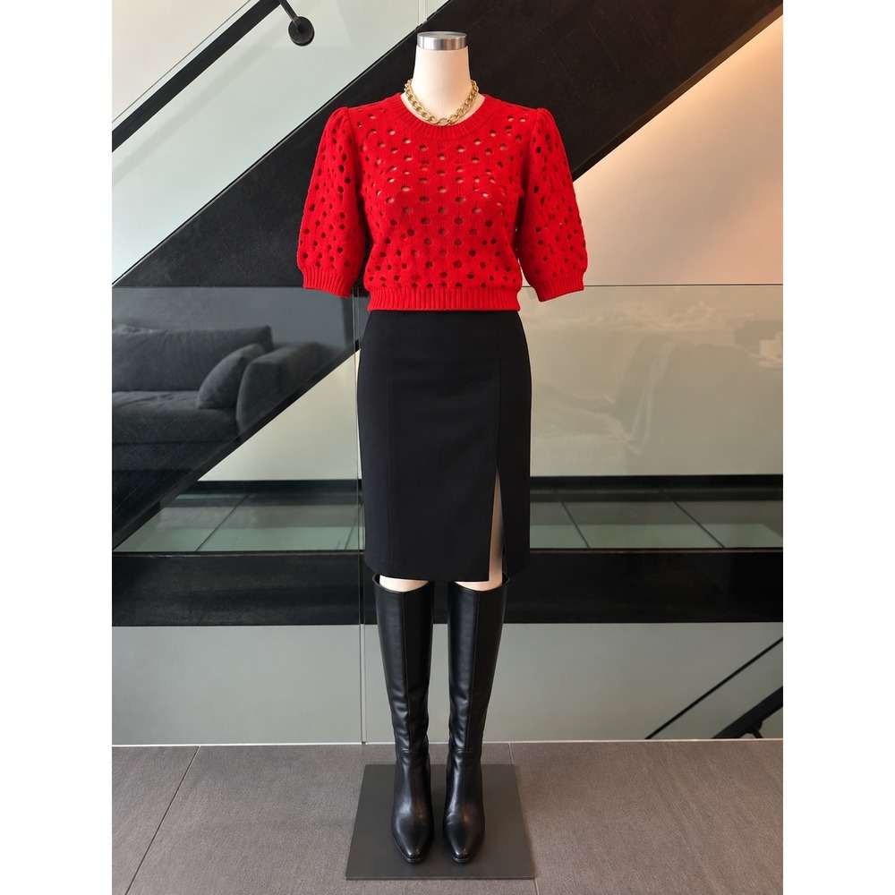 RED Valentino Womens Red Open Knit Pointelle Puff Sleeve Sweater Size S HRA9A341